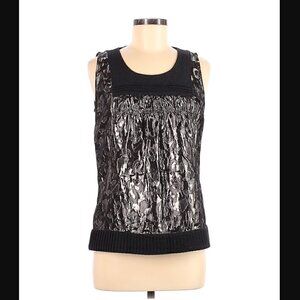 Tory Burch Tank Top 8 Lamé Wool Metallic Sleeveless Leopard Animal Black Luxury